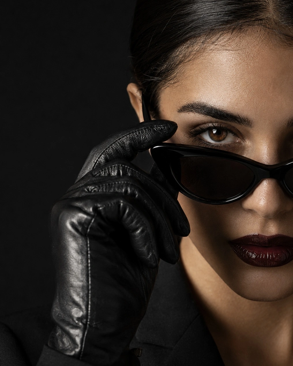 A gloved hand framing the face and eyewear