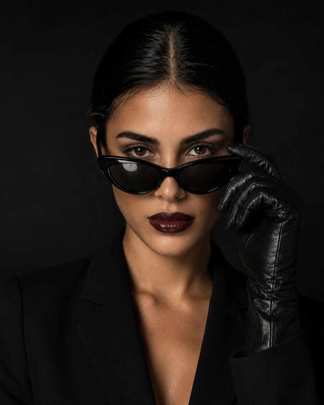 Front portrait lowering black sunglasses with a gloved hand