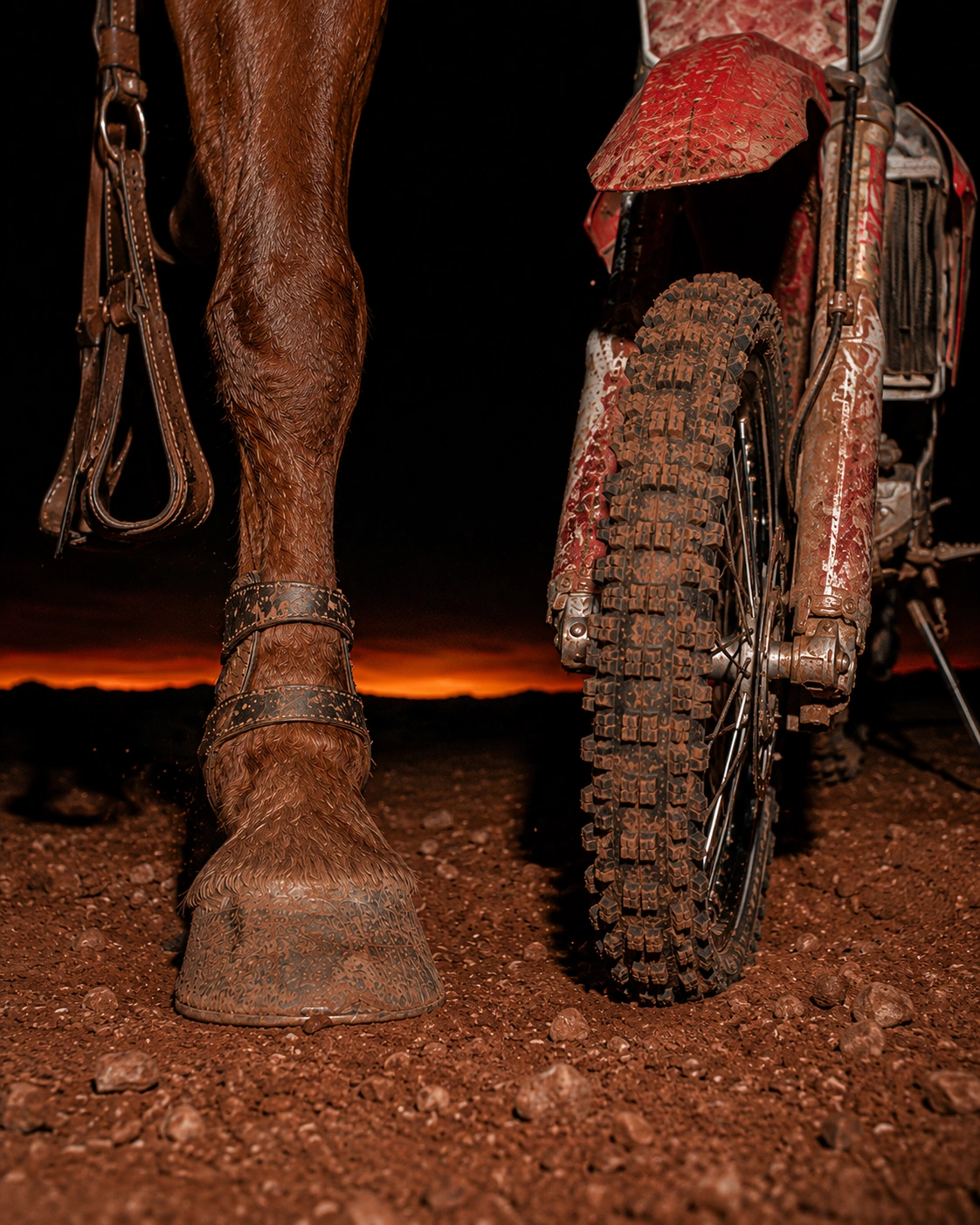 Close detail of a horse hoof and motorbike wheel