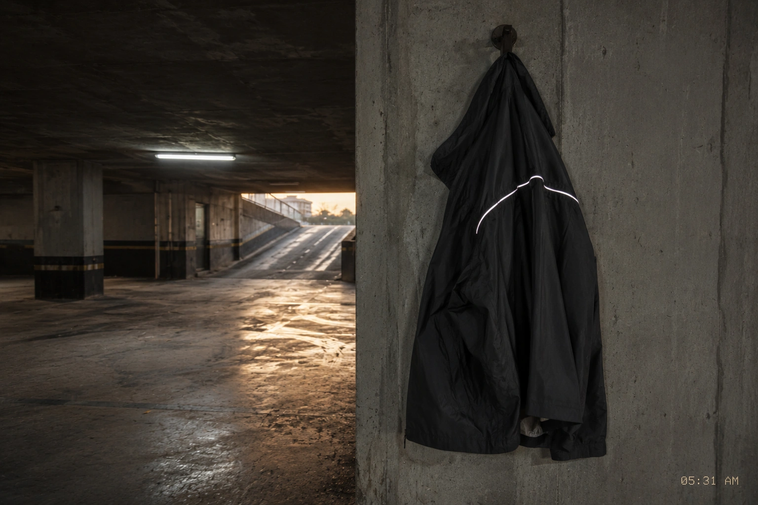The reflective jacket hanging beneath the underpass at 05:31