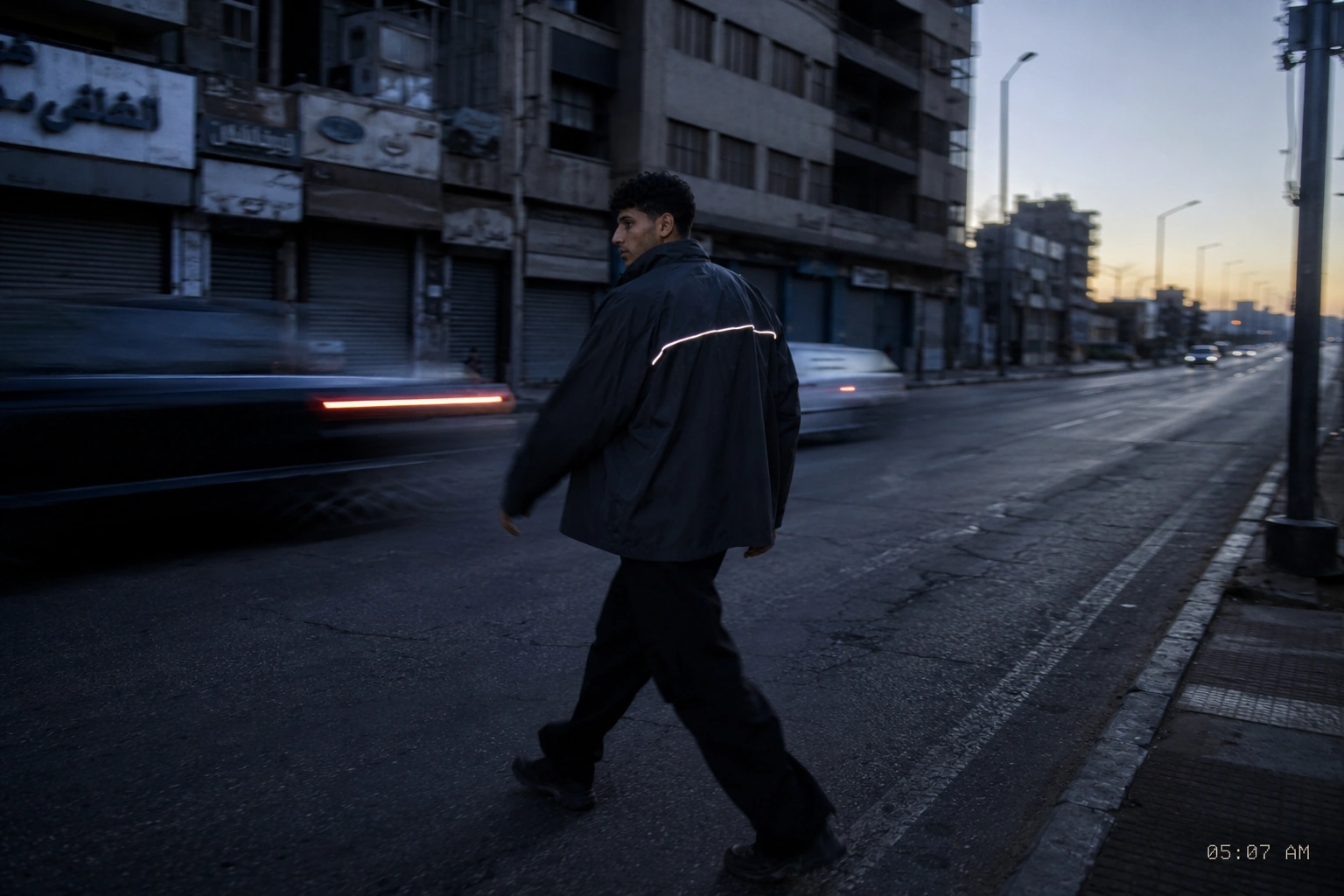 A figure in a reflective jacket crossing the street at 05:07
