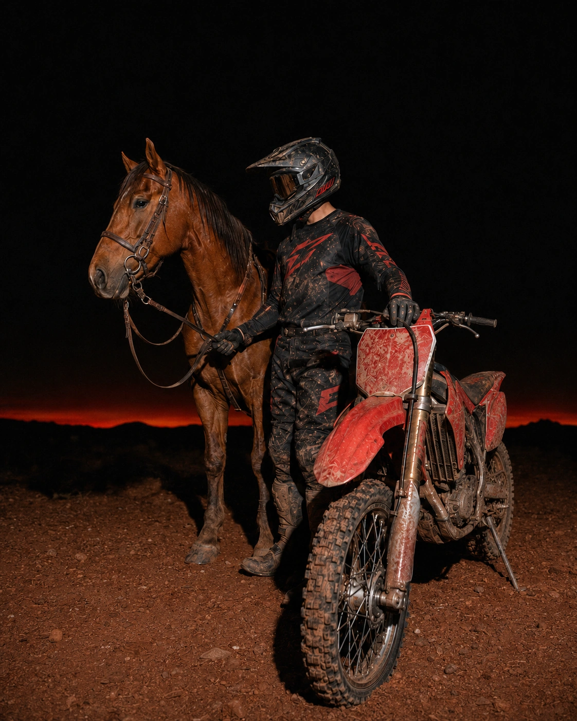 A rider on the motorbike beside the horse