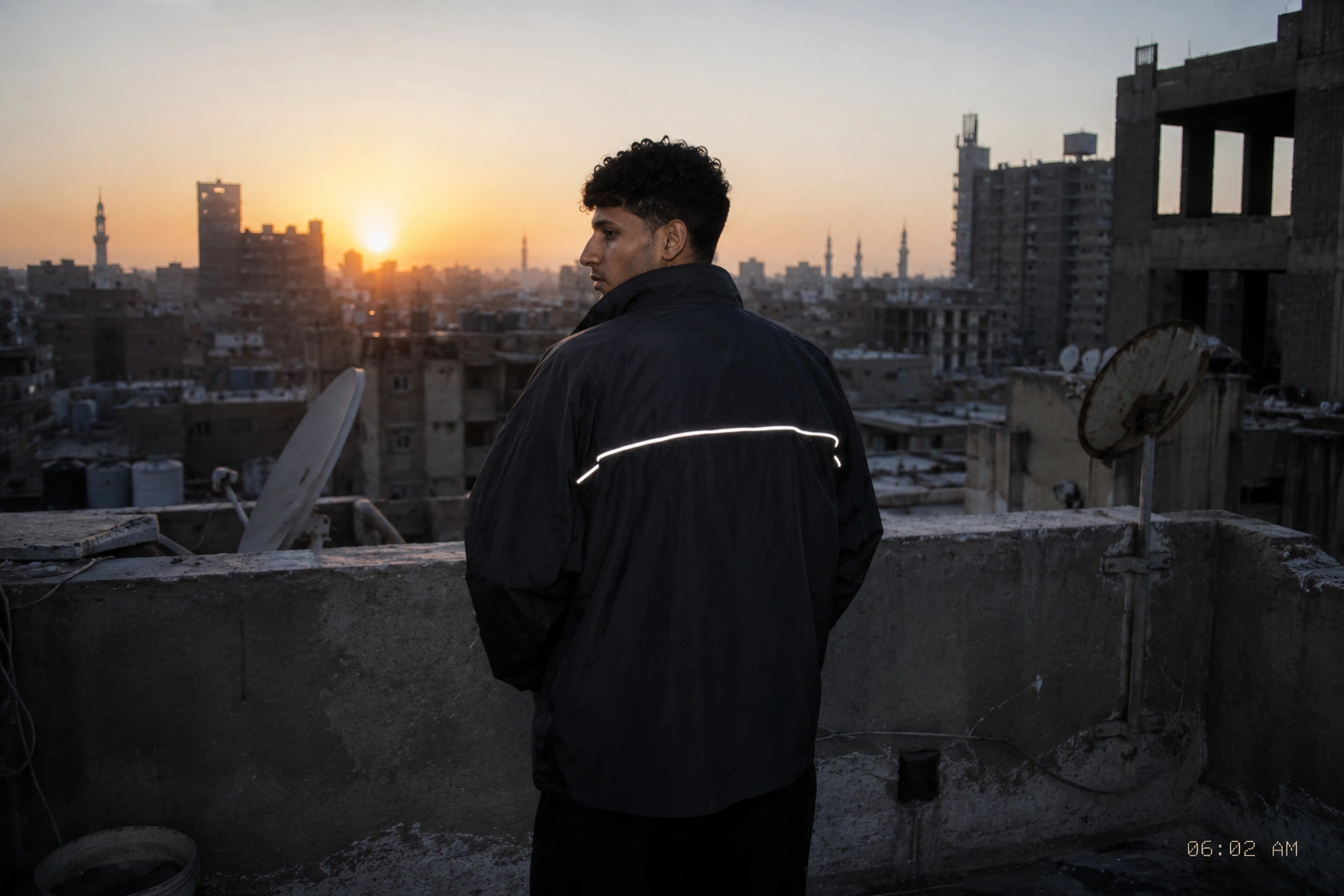 A figure in the jacket on a rooftop at sunrise, 06:02