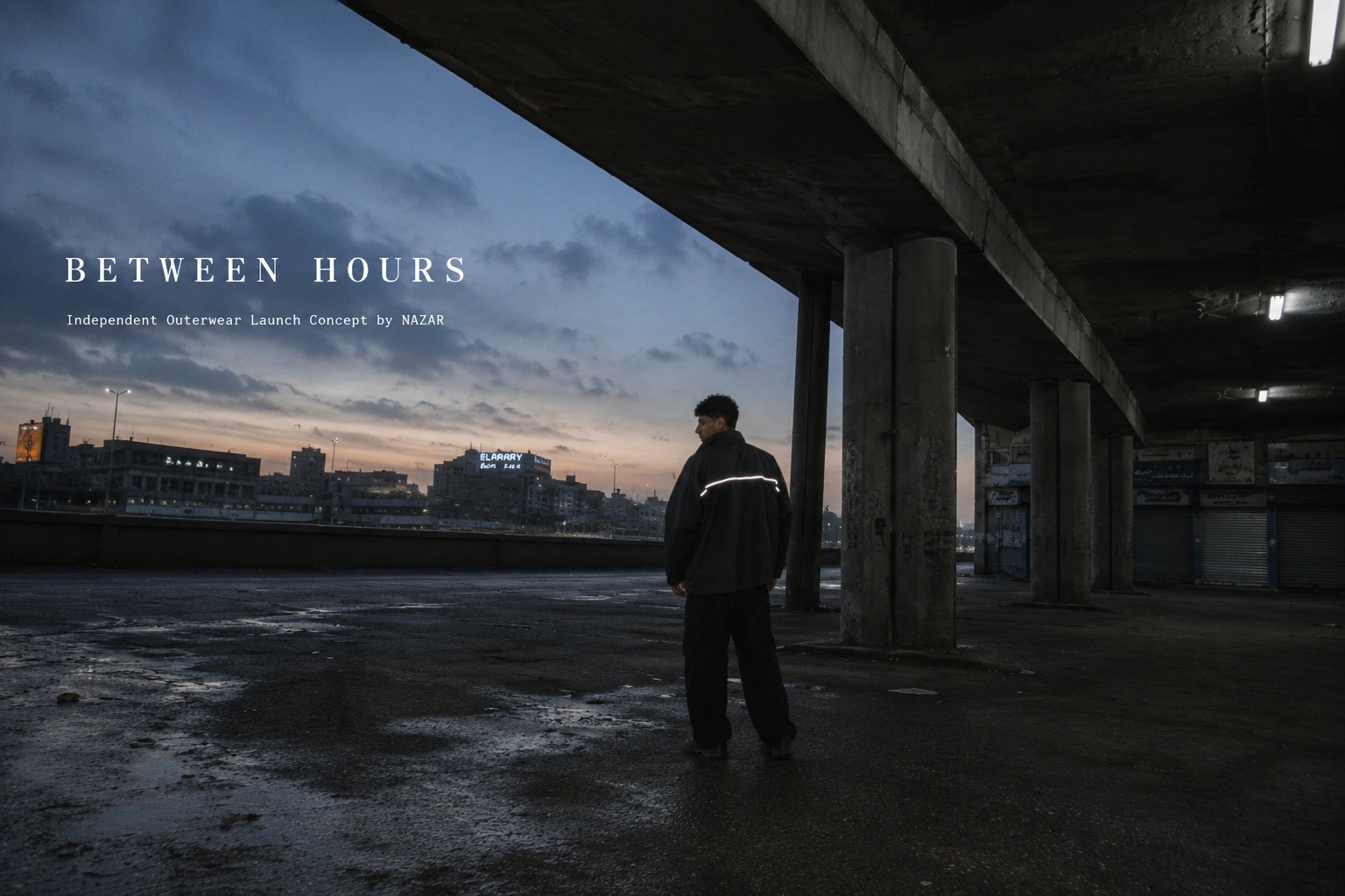Between Hours outerwear concept cover beneath an urban underpass