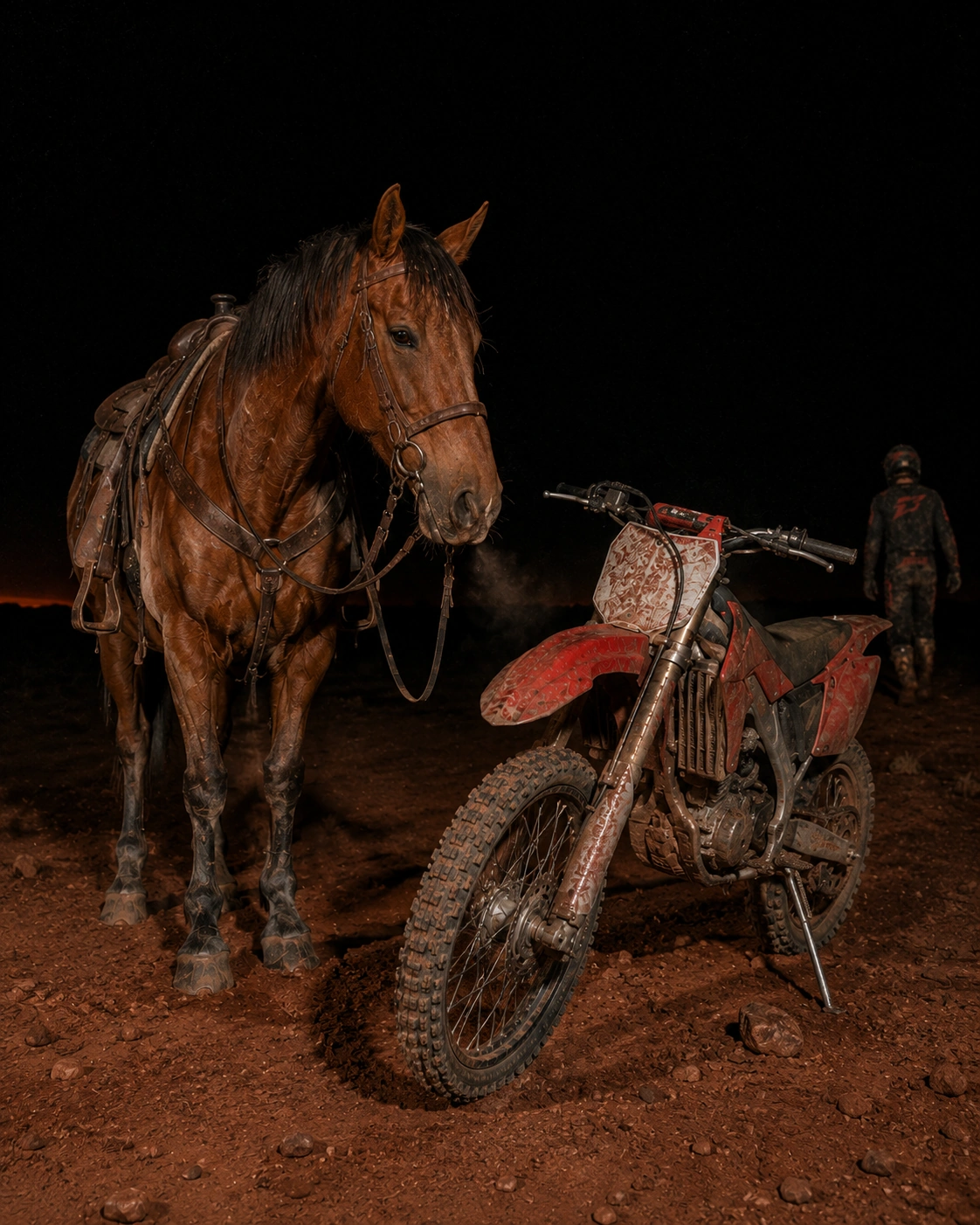 Horse and motorbike viewed from the front at night