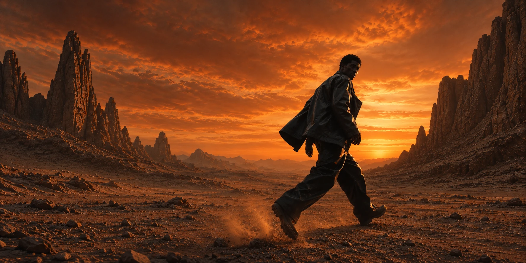 Wide canyon fashion scene with full walking figure