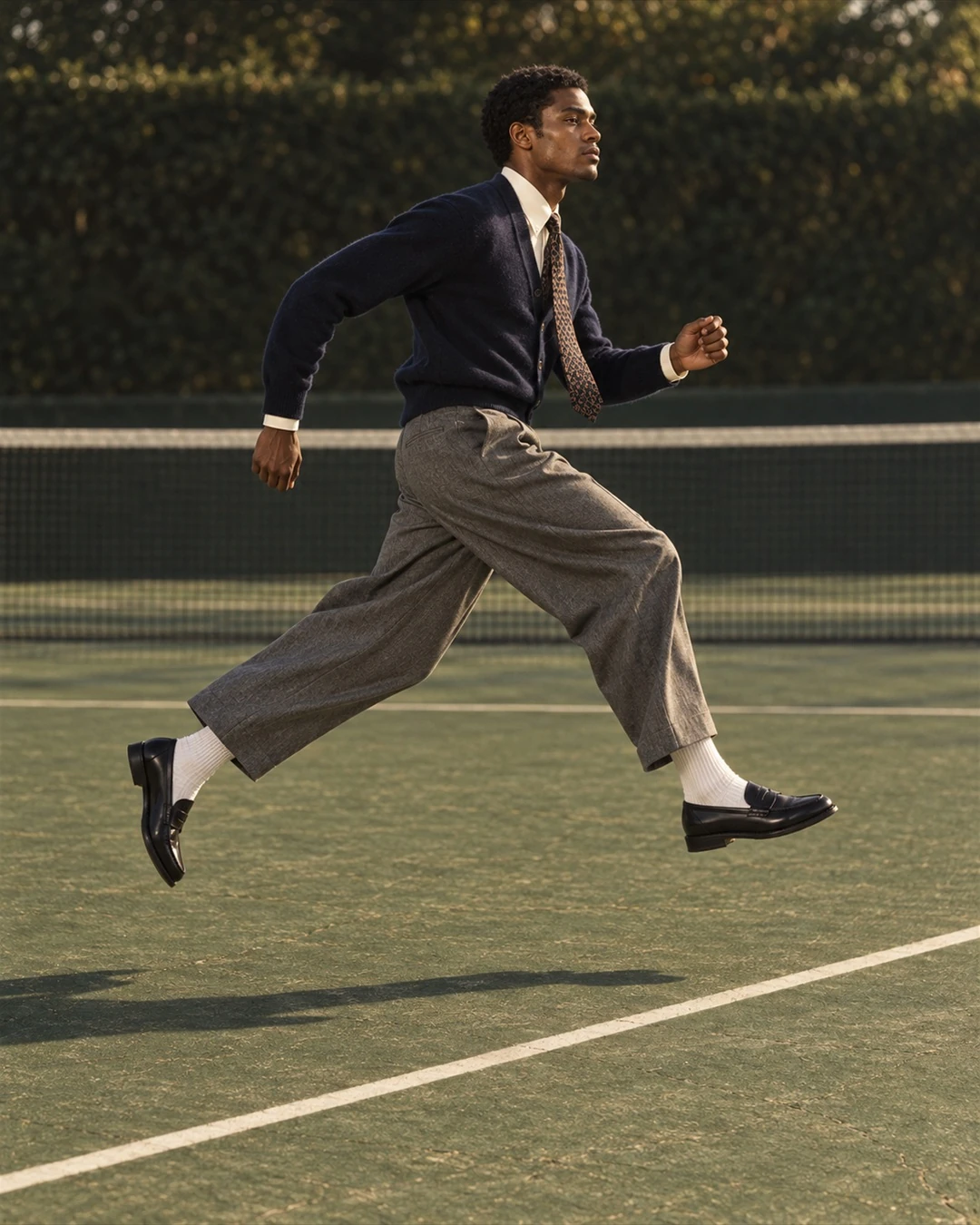 Full suspended leap on a tennis court