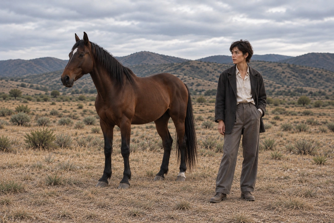 A figure and horse against an open rural landscape