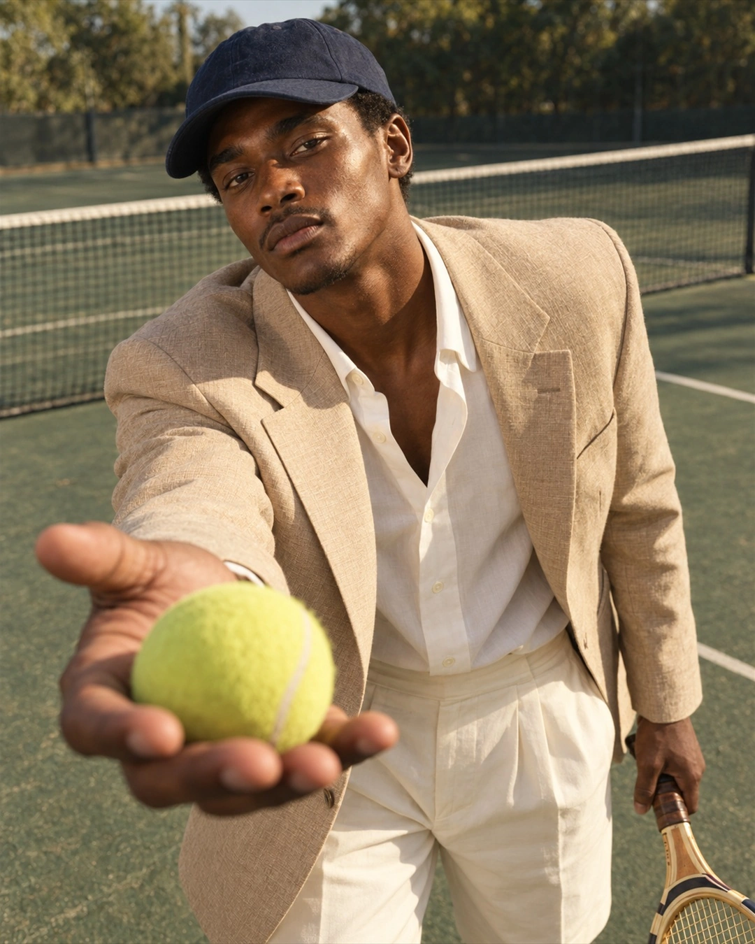 A tennis ball extended towards the lens