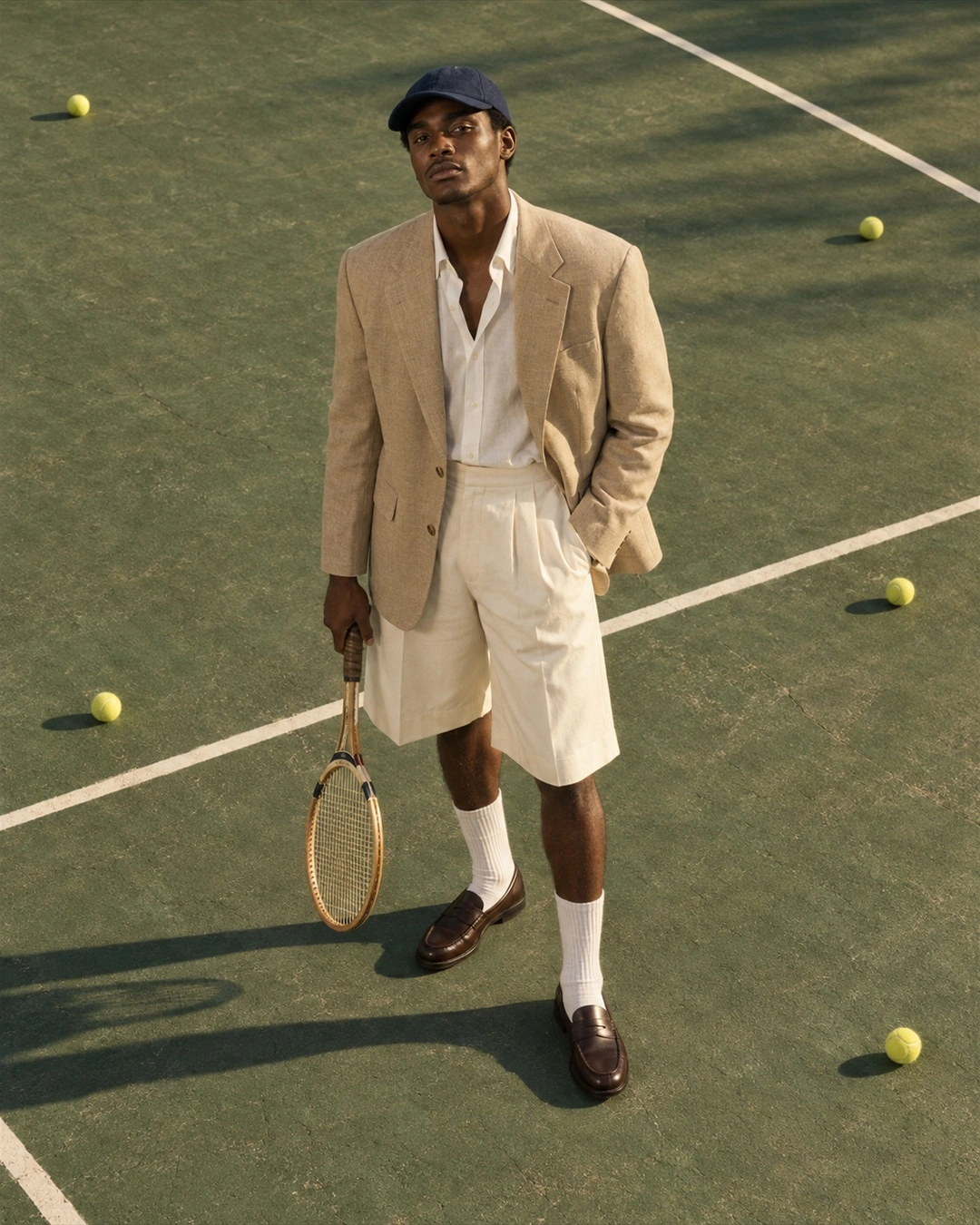 Cream tailoring and a racket viewed from above