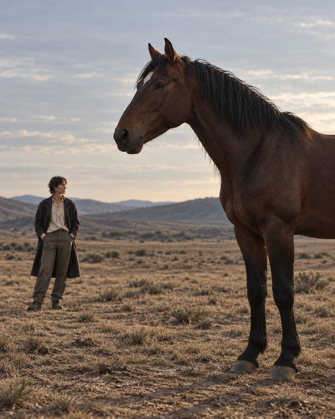 A horse in the foreground with a distant figure