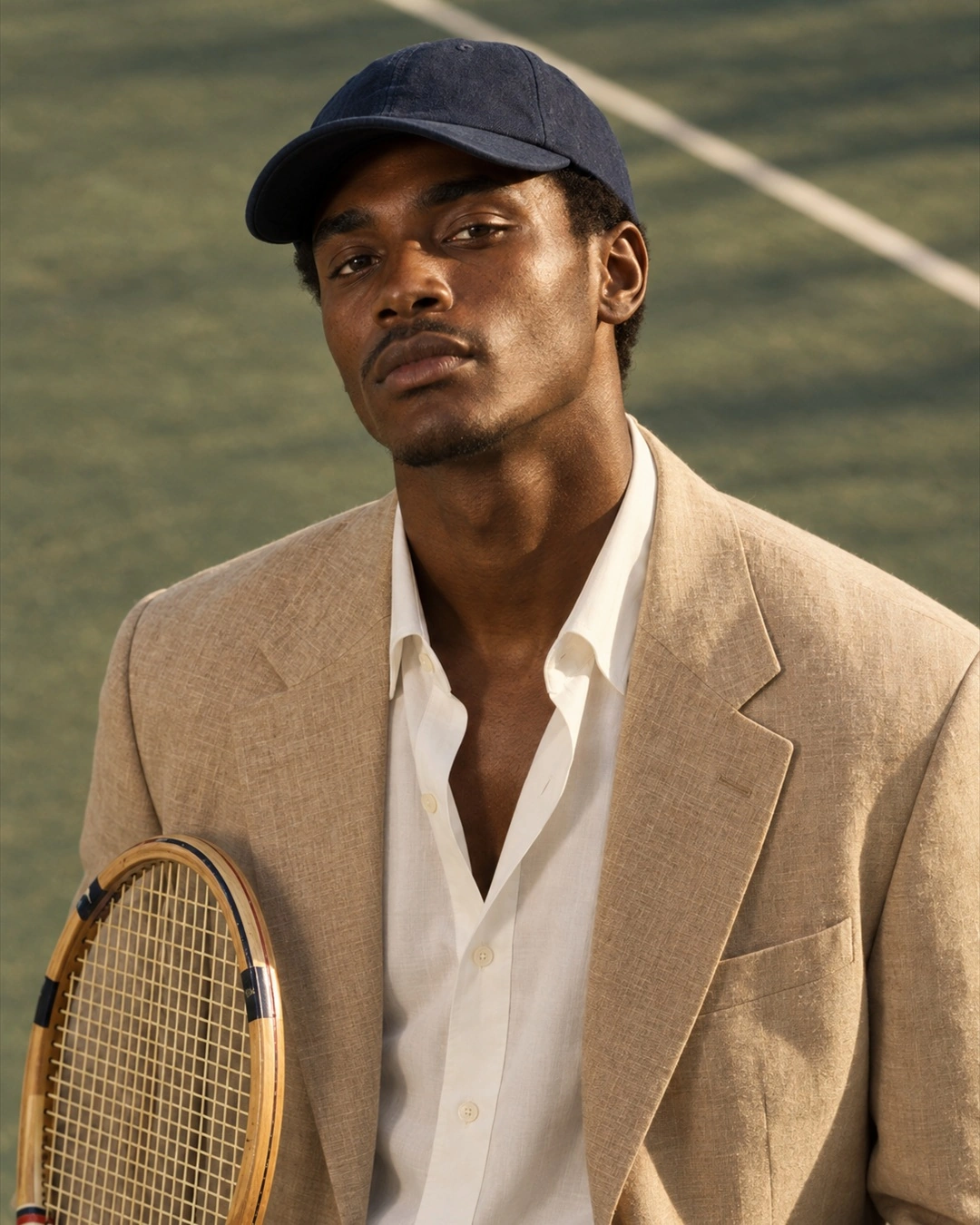 Close portrait in a dark cap and cream blazer