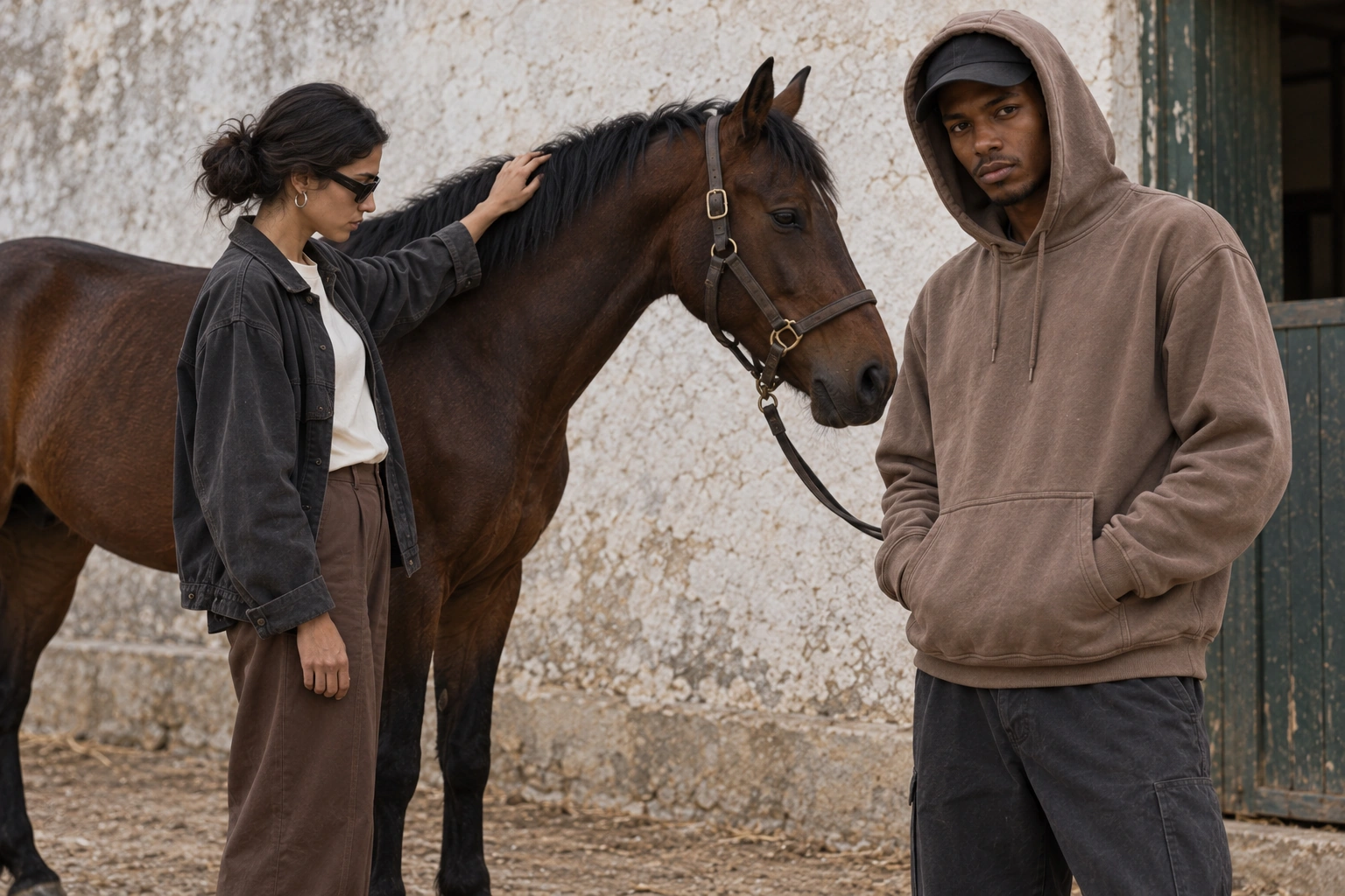 Two figures meeting beside a horse and weathered wall