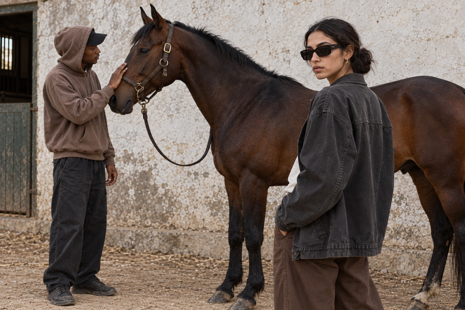 Two figures on opposite sides of the horse
