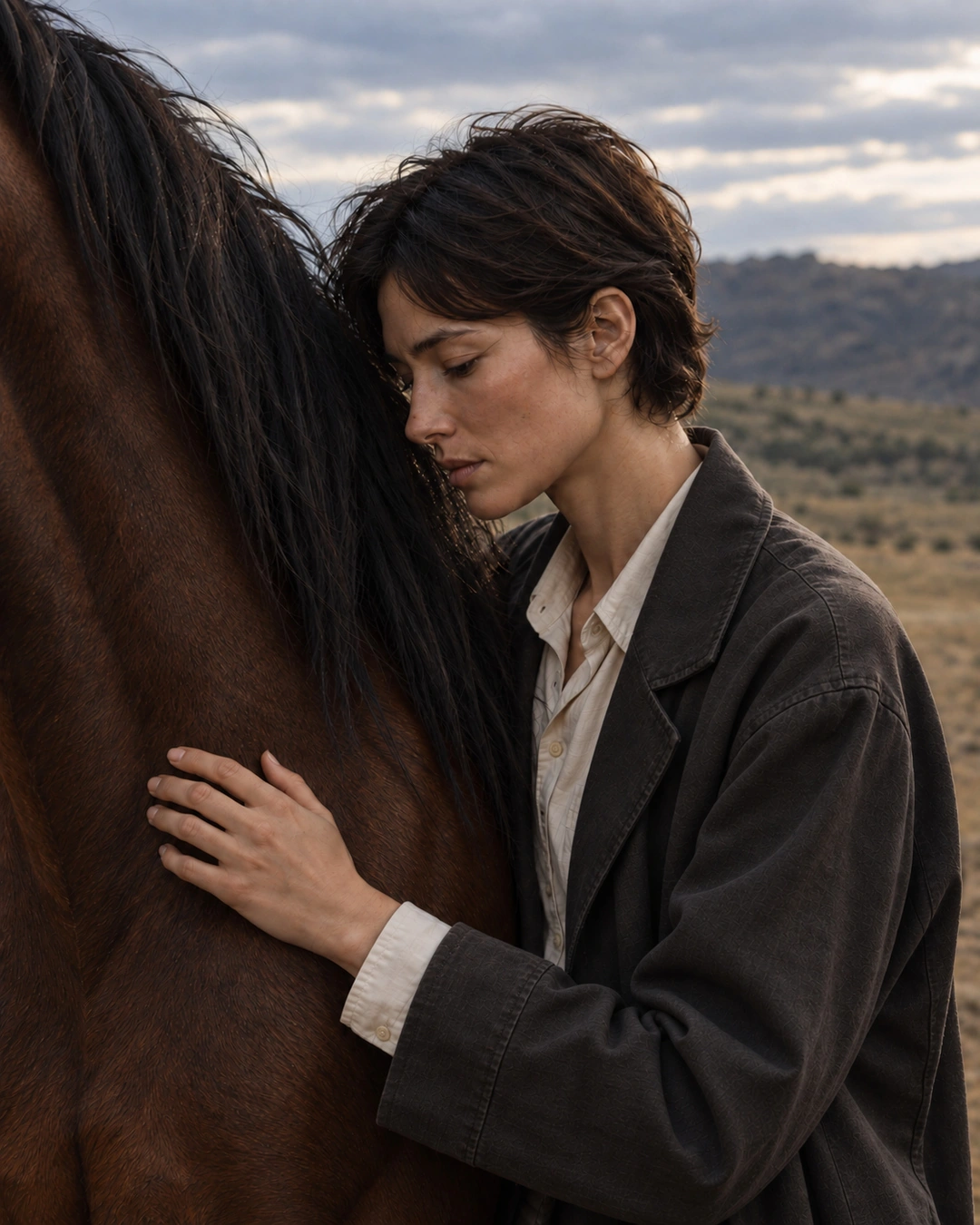 A hand resting on the horse in a close portrait