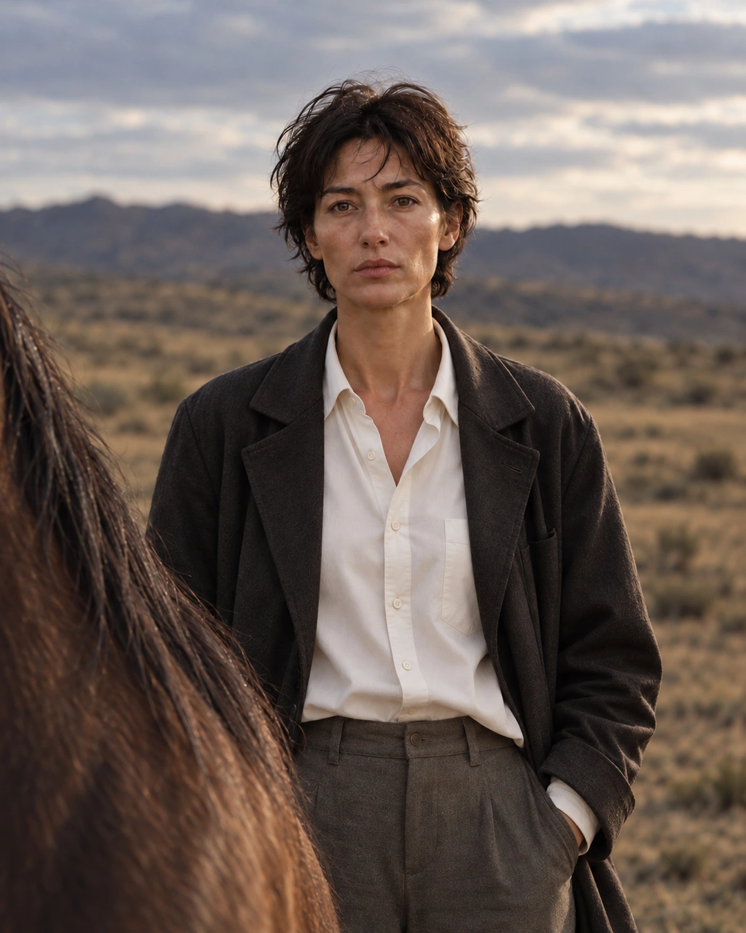 A portrait in dark tailoring and an open white shirt
