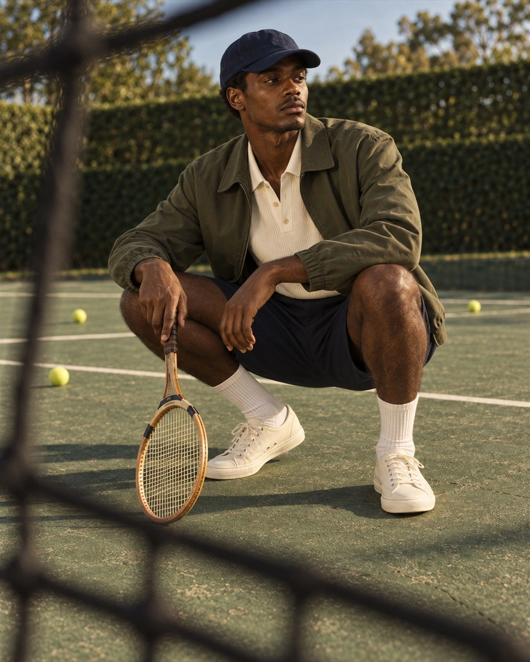 A crouching figure in cream tailoring