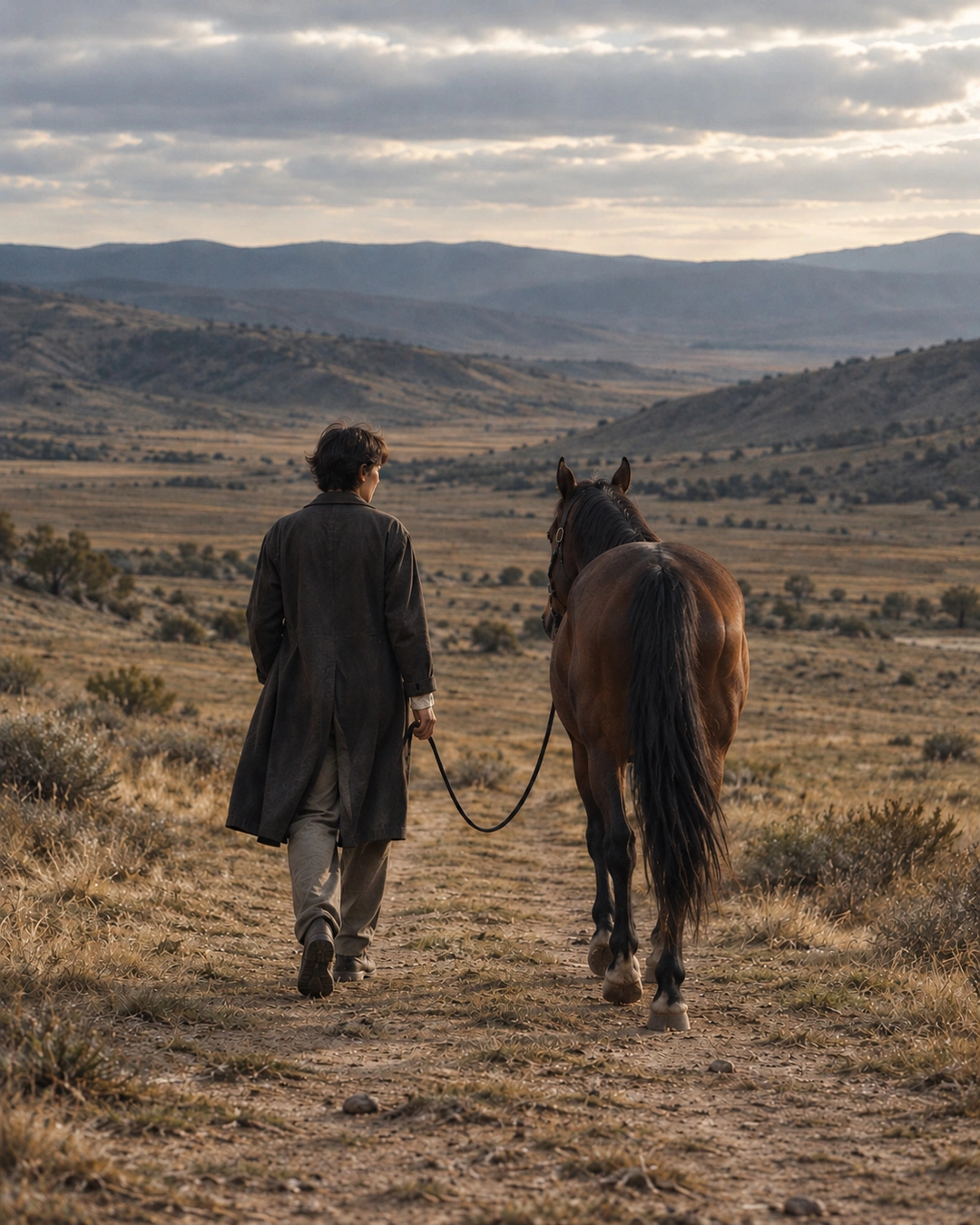A figure walking away with the horse