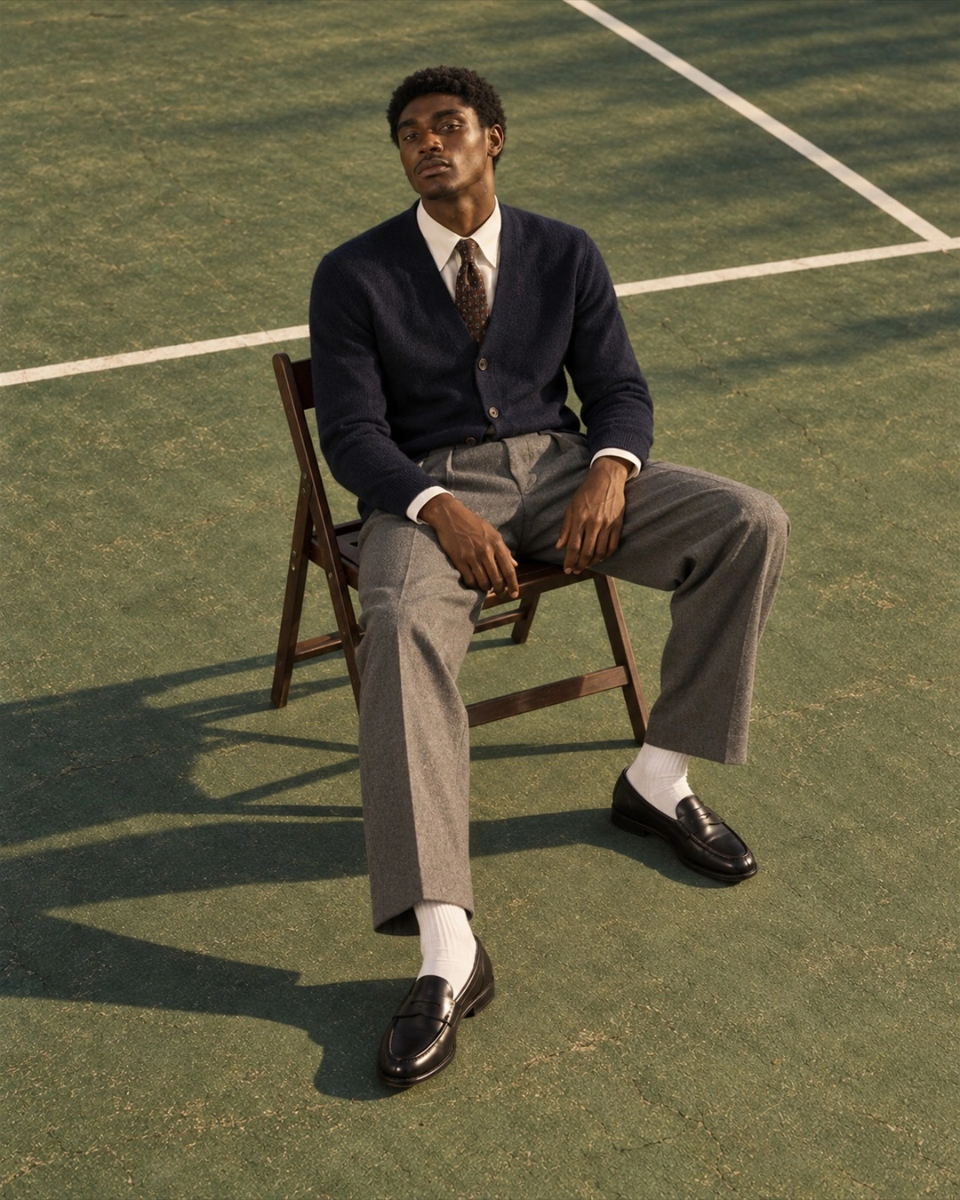 A seated figure in dark tailoring holding a racket