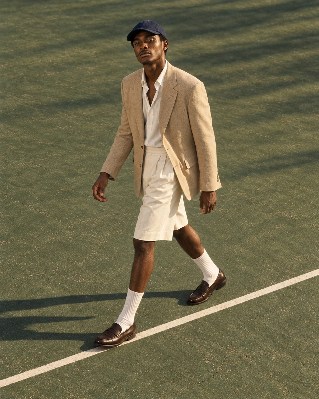 Cream tailoring in motion across the tennis court