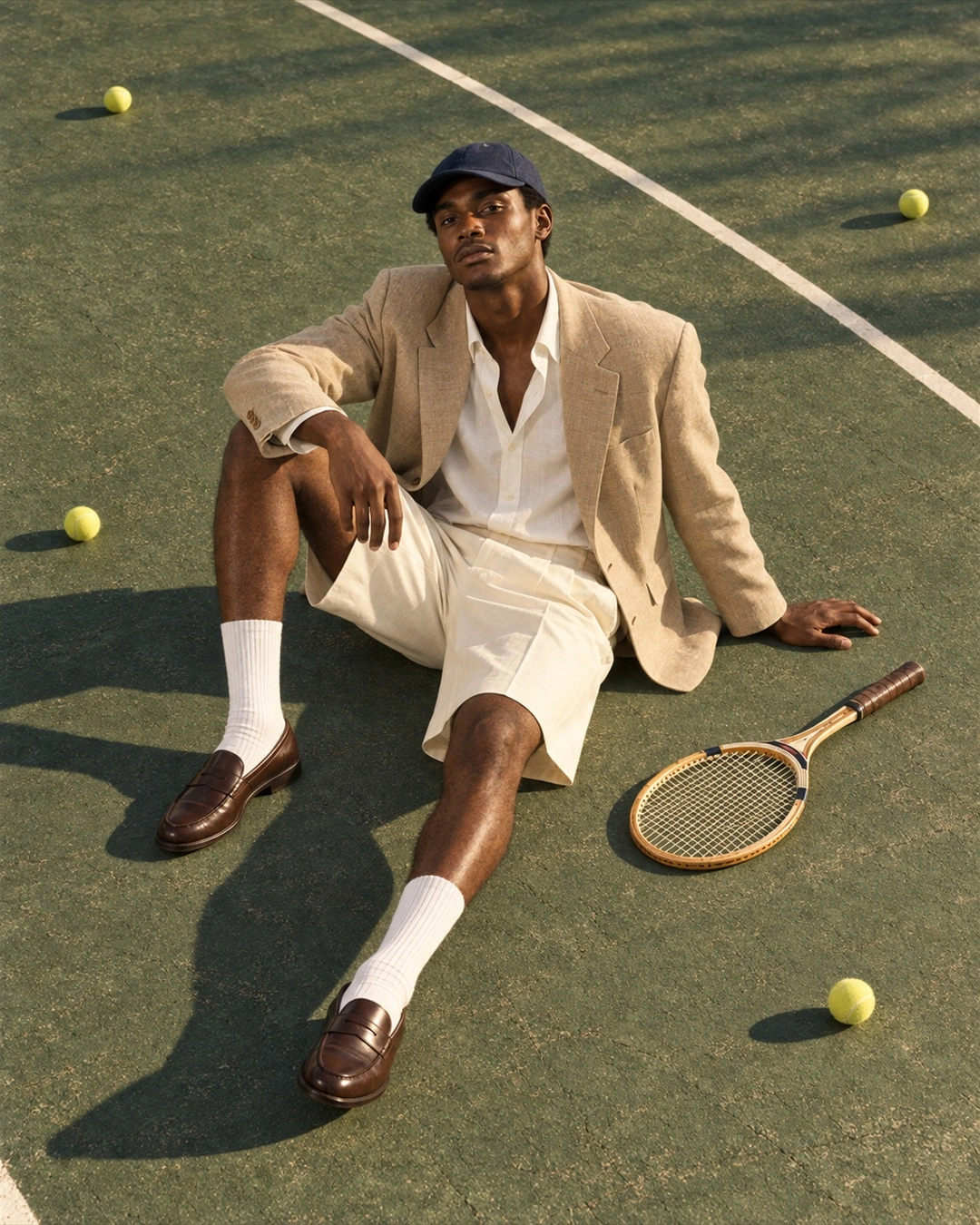 A seated figure with a tennis racket on the court