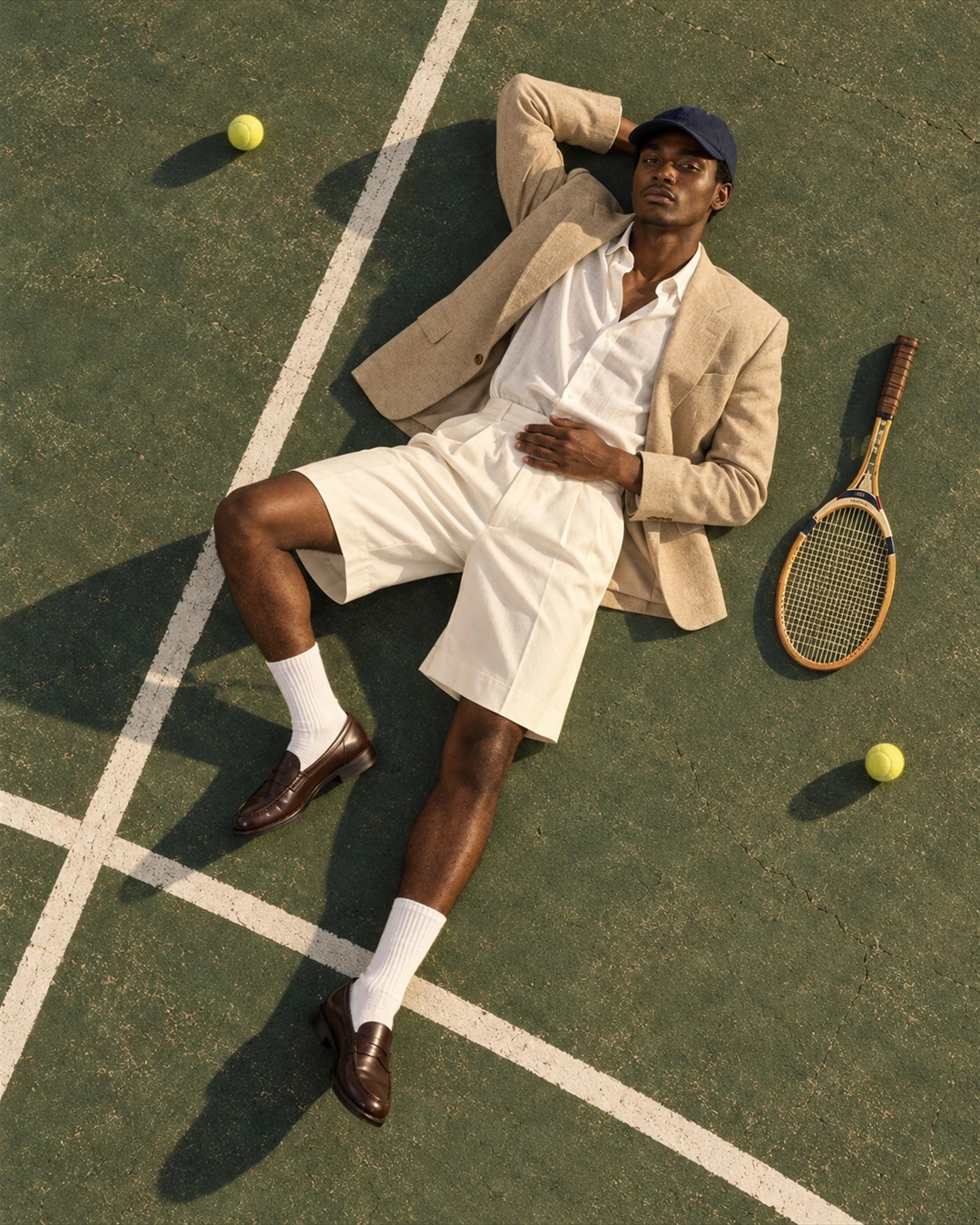 A reclining figure with racket and scattered tennis balls