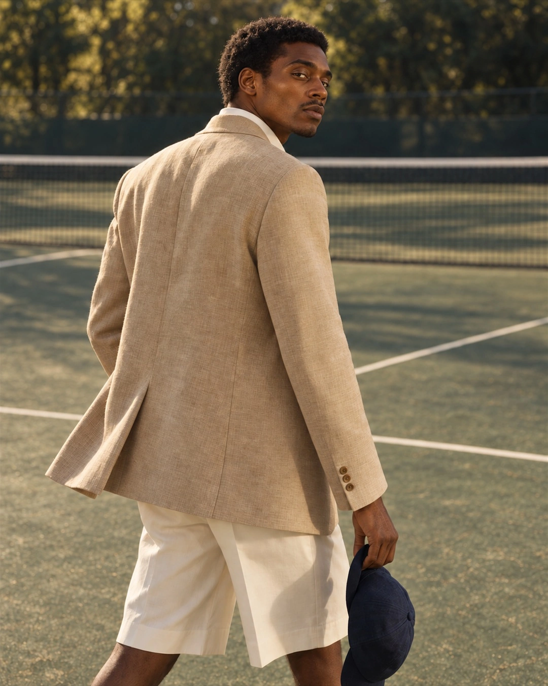 A figure in cream tailoring looking back over one shoulder