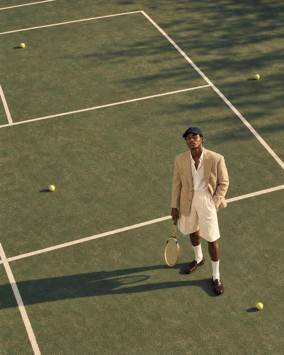 A wide overhead view of the court and figure