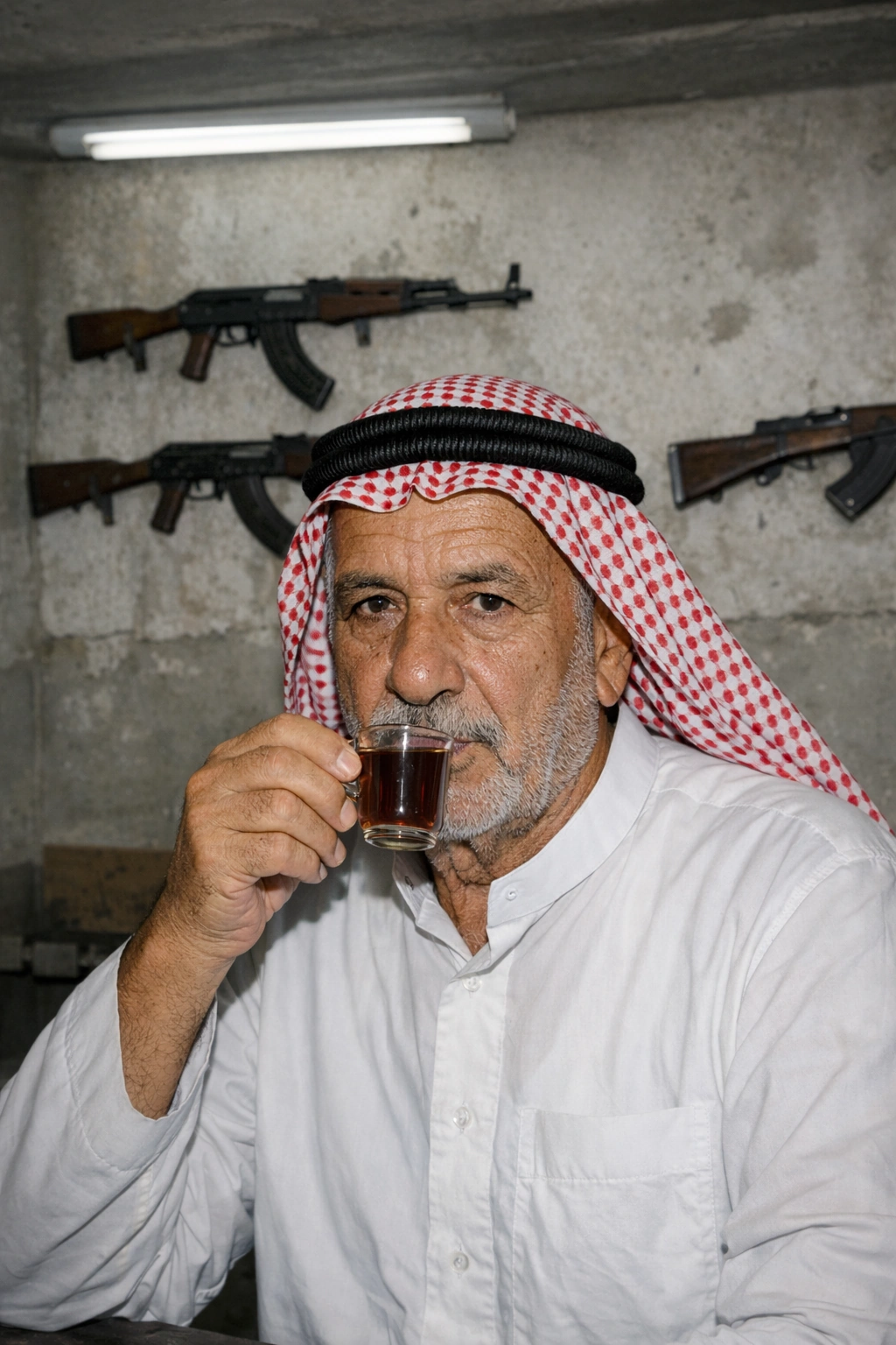 Portrait of a seated man drinking tea