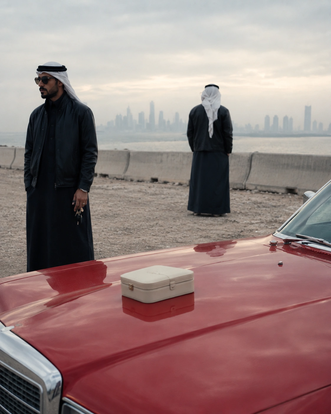 Two figures in black beside a red classic car at the waterfront