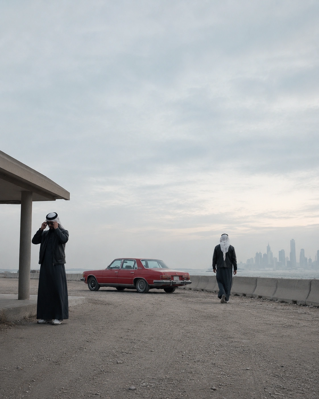 Distant figures and the red car in an open waterfront setting