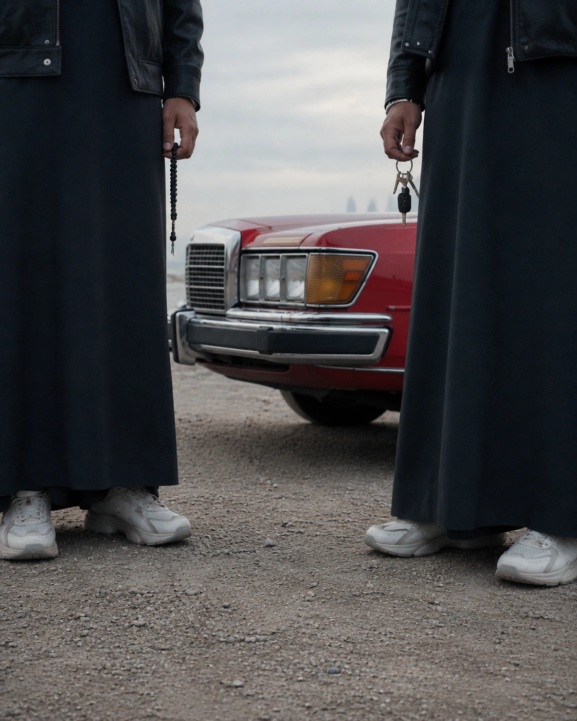 Black garments and white shoes framing the red car