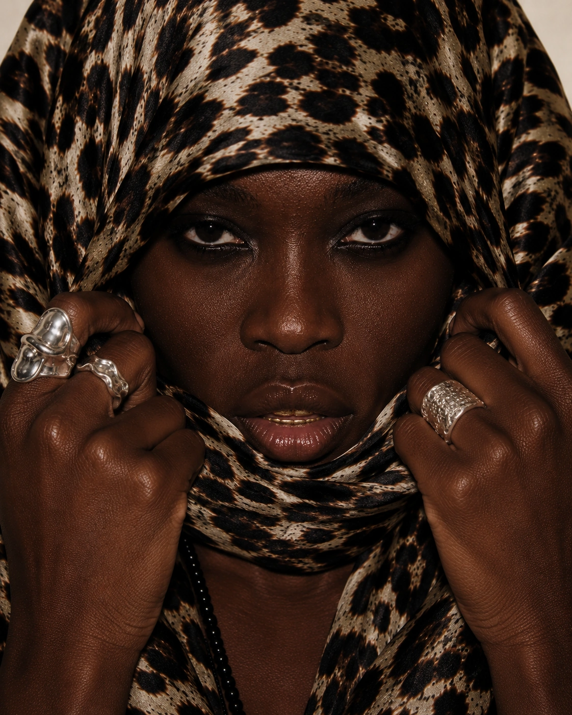 A silver-ringed hand holding leopard cloth near the face