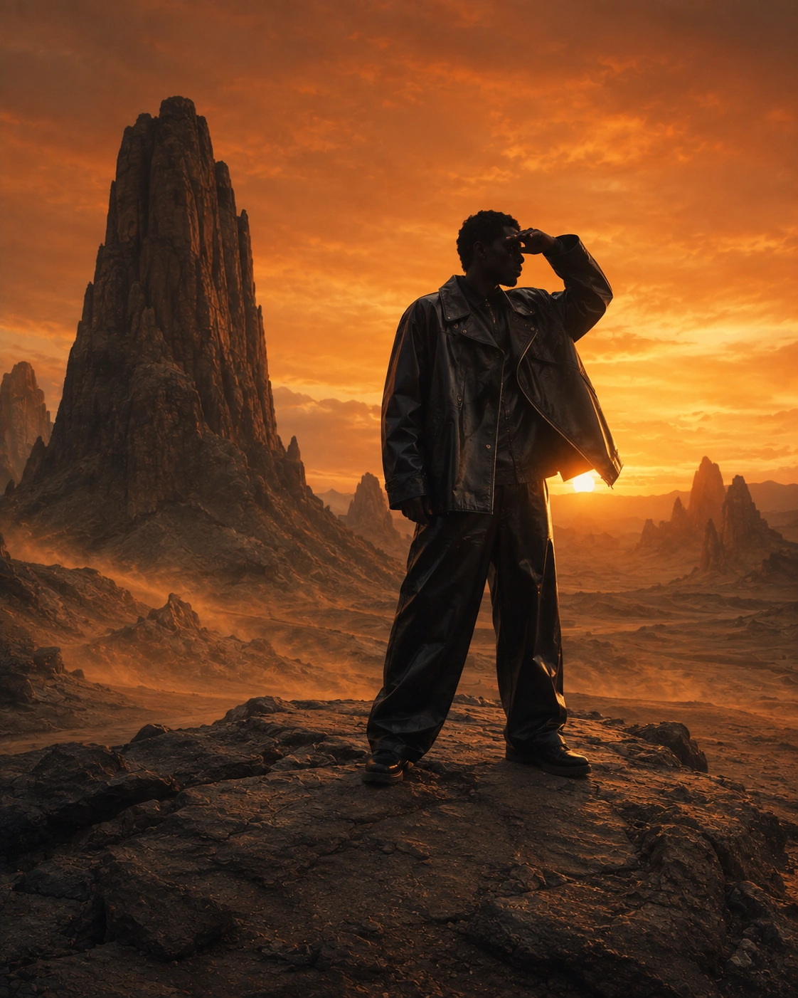 A figure shielding the eyes against the sunset