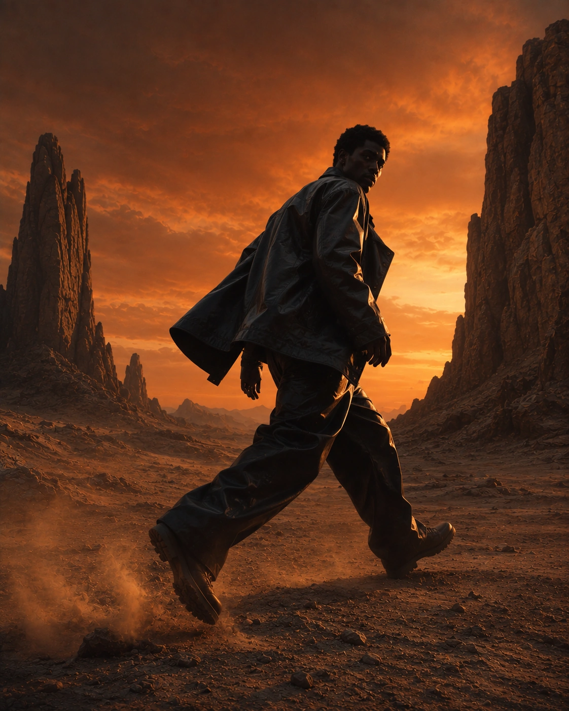 A walking figure in black leather against a glowing horizon
