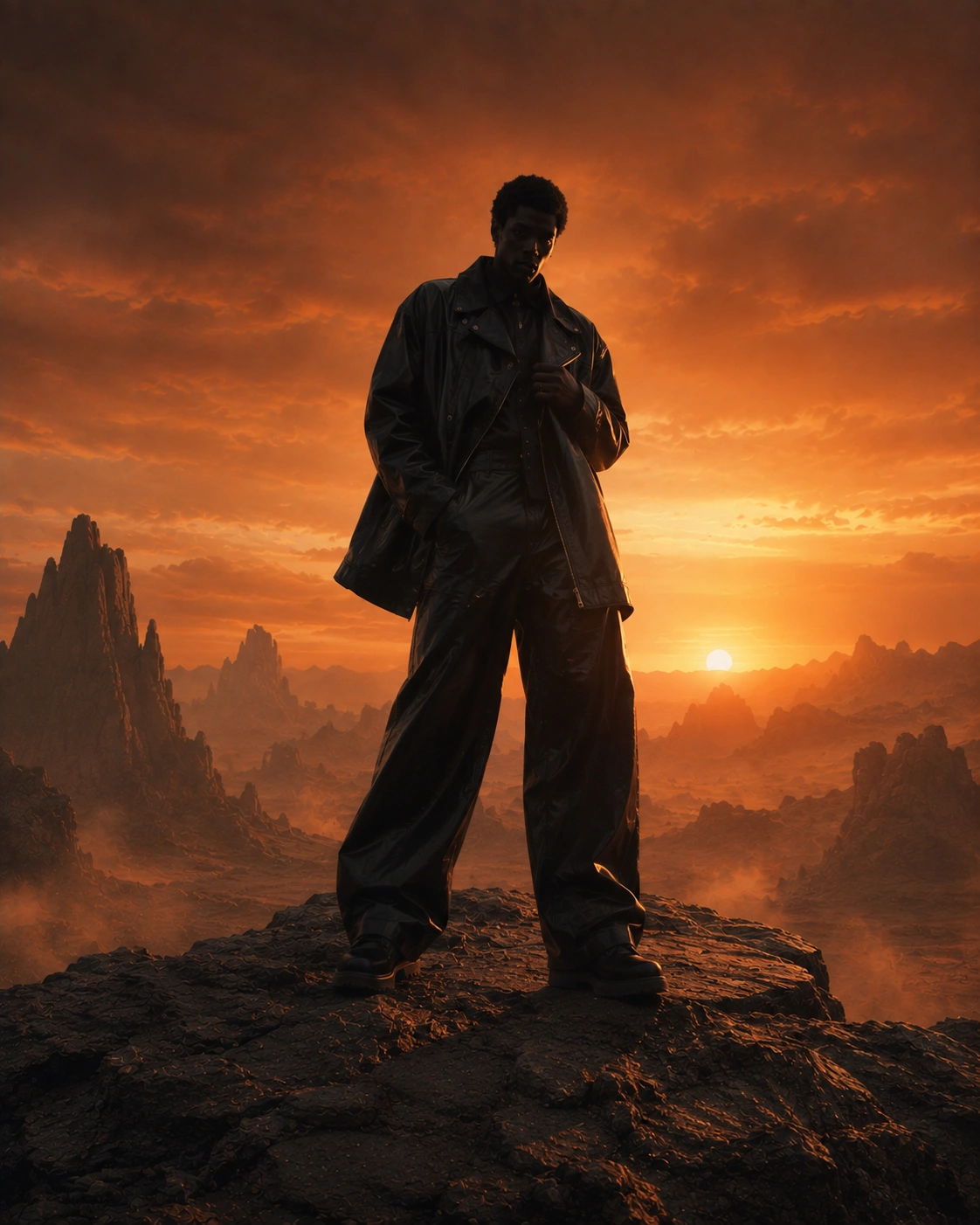 A standing figure seen from behind against the sunset