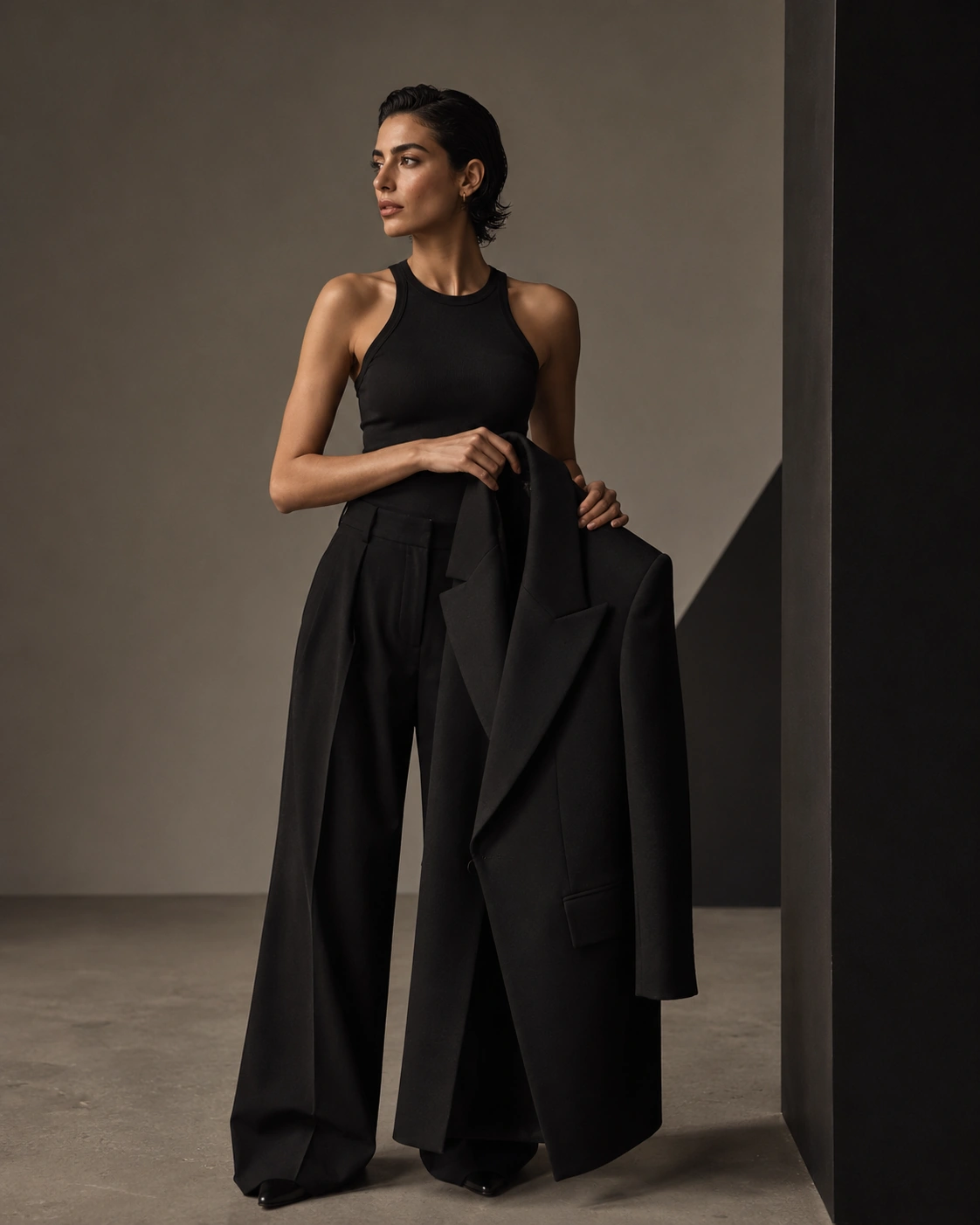 A black evening silhouette in the same architectural setting