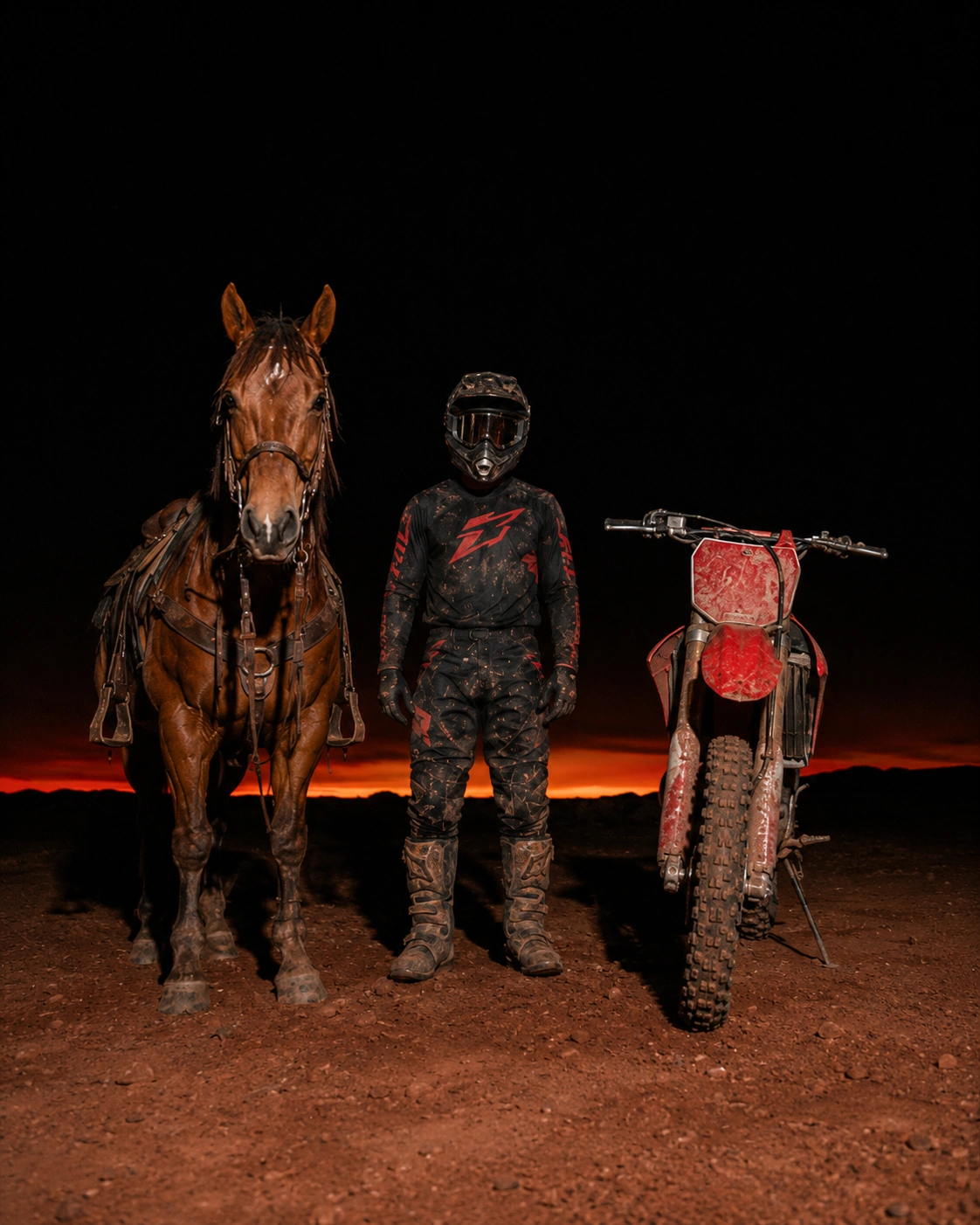 Horse, rider and red motorbike in a dark landscape