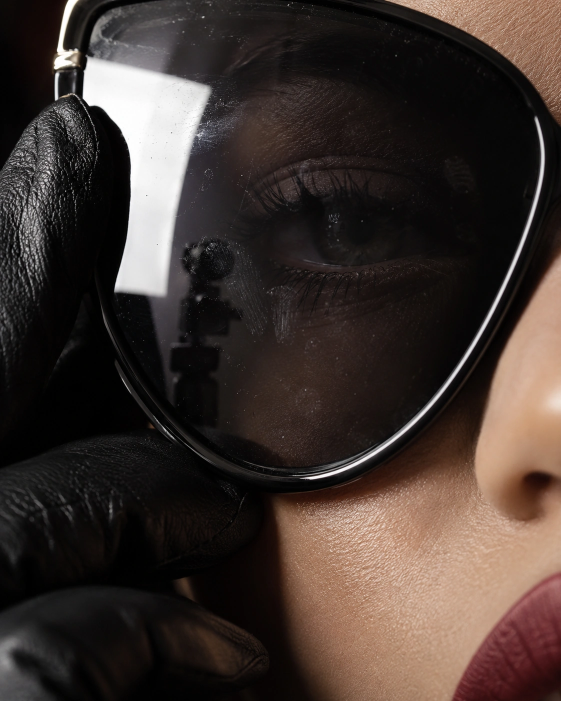 Extreme close detail of eyewear and a black glove
