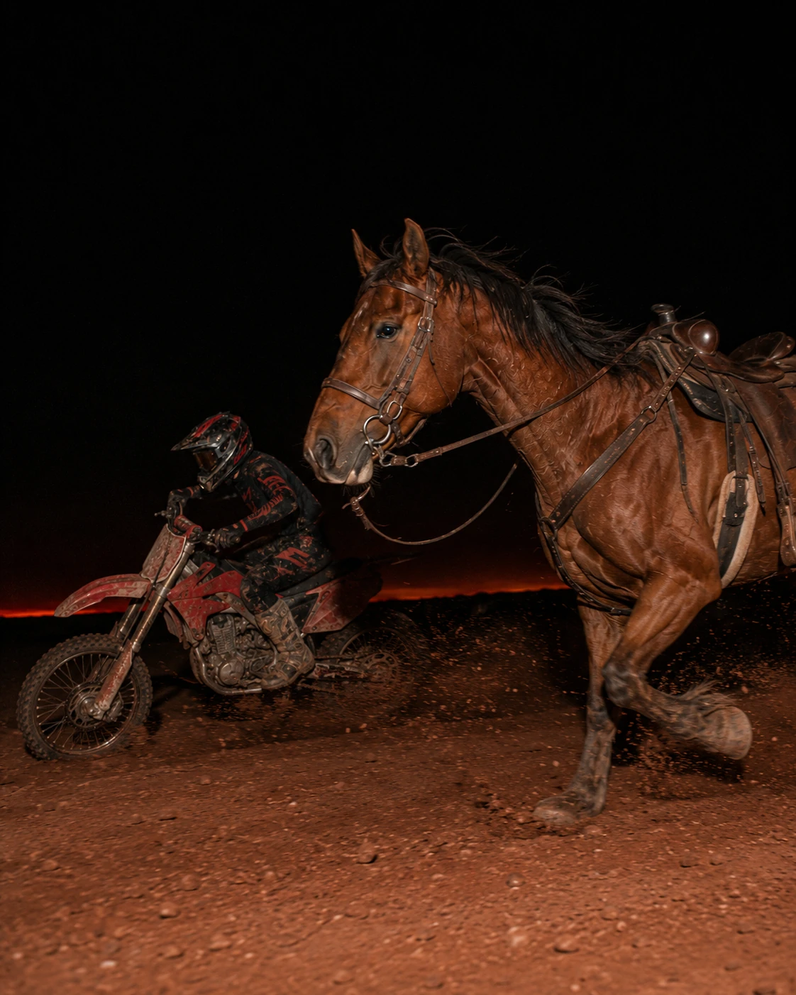 Night chase with motorbike and horse