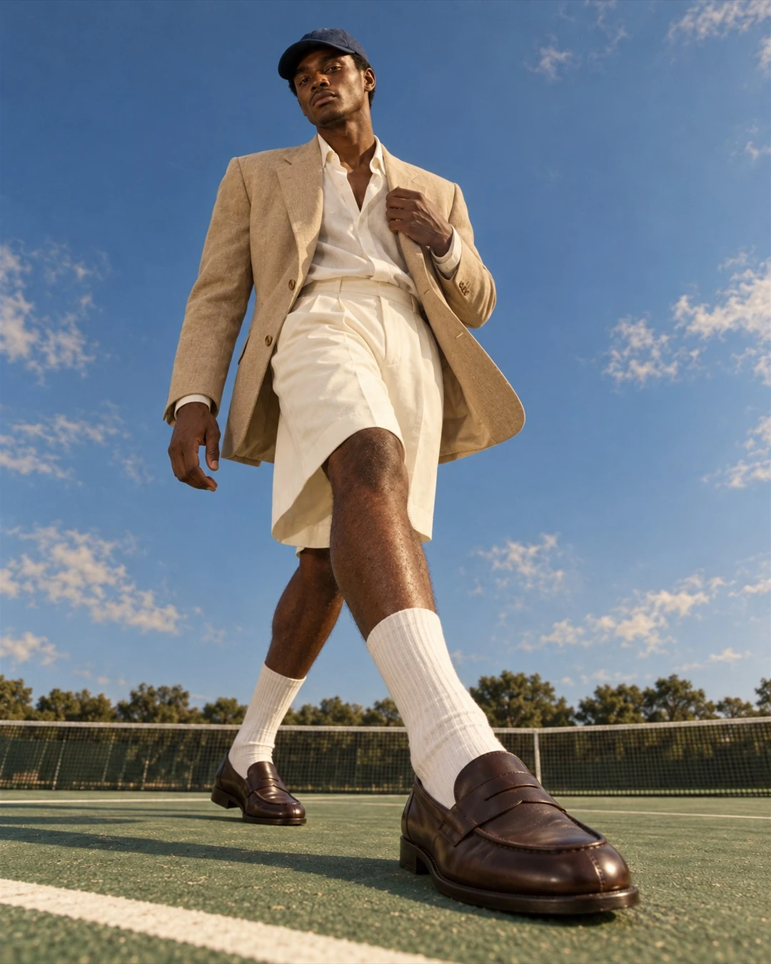 Off court — tailored fashion on a tennis court